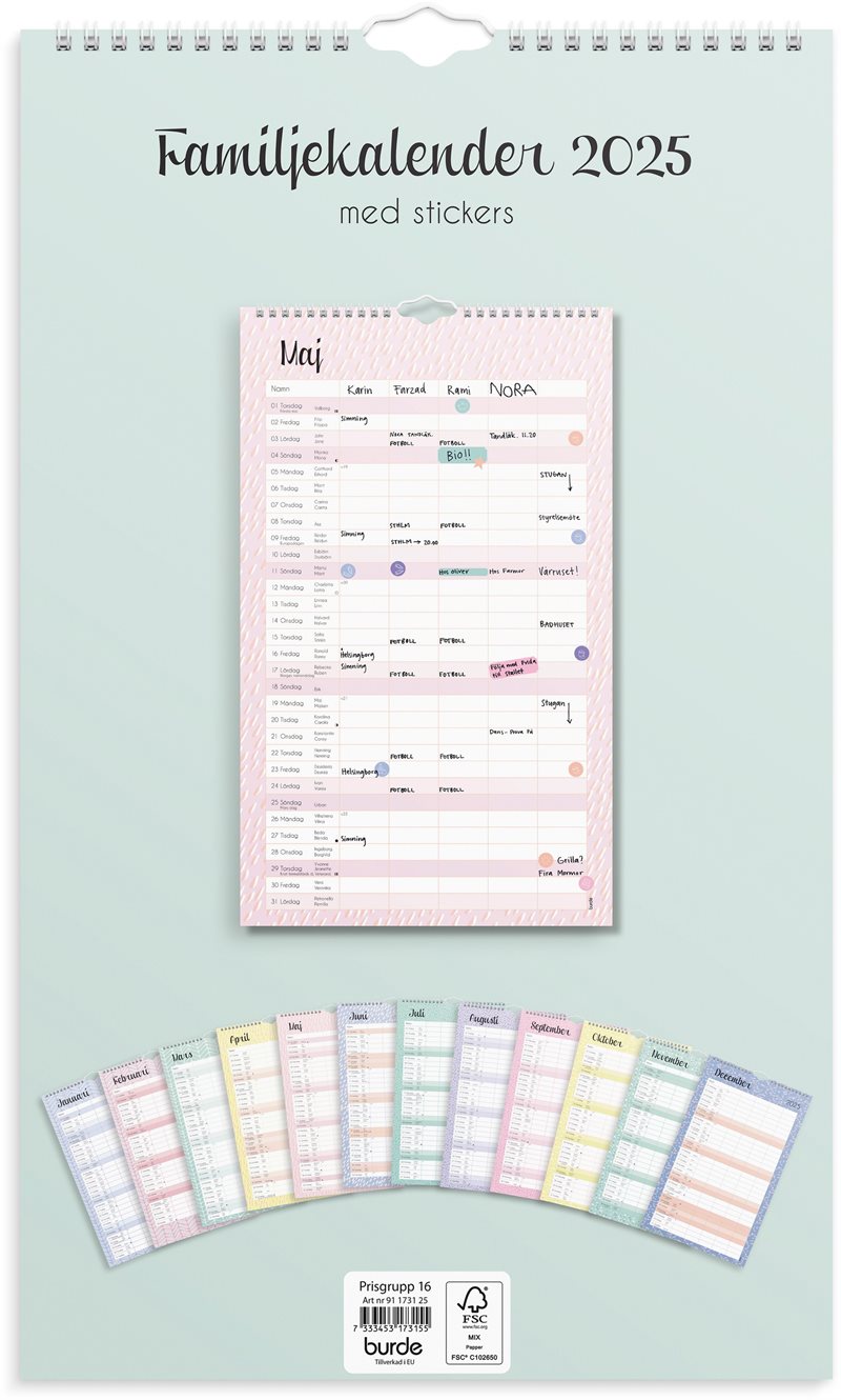 Familjekalender 2025 Pastell stickers